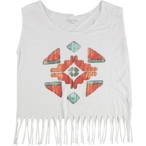 Dreamr Womens Pattern Fringe Muscle Tank Top, White, NWT